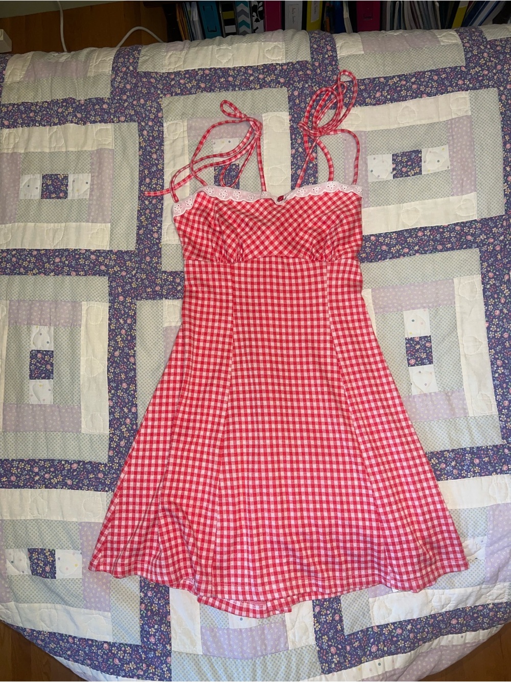 Cider Red Gingham Sun Dress with Lace Trim